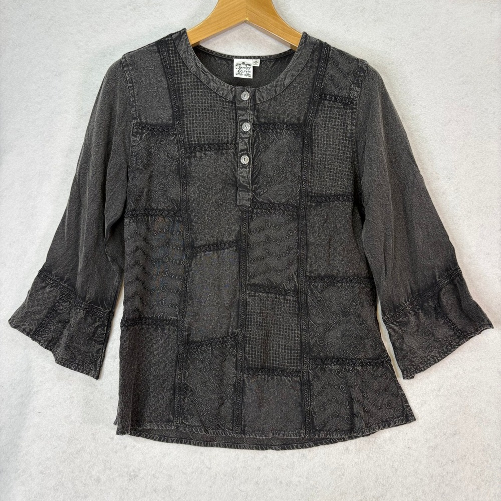 Parsley & Sage Dark Gray Patchwork Embroidered Top Sz S Boho Lagenlook Artsy